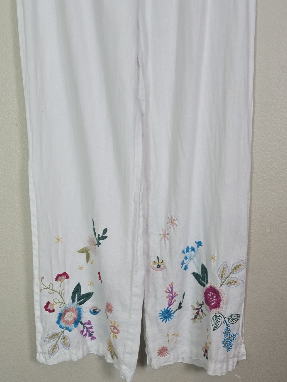 Jhonny Was Martini High Slit White Wide-Leg Linen Embroidered Floral Palazo M. - Picture 5 of 11